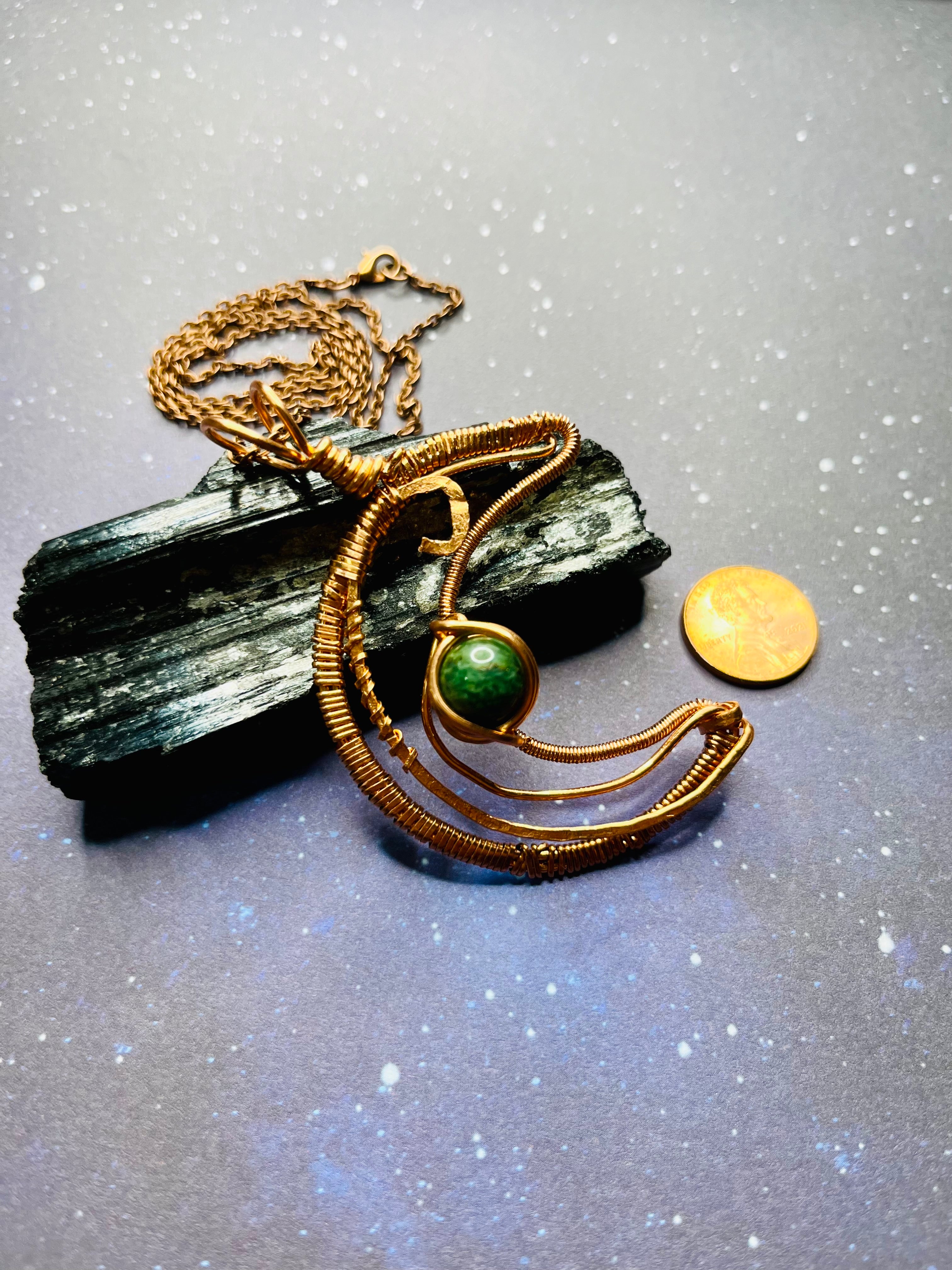 Copper wire wrapped crescent moon with Jade – Bloom and Decay